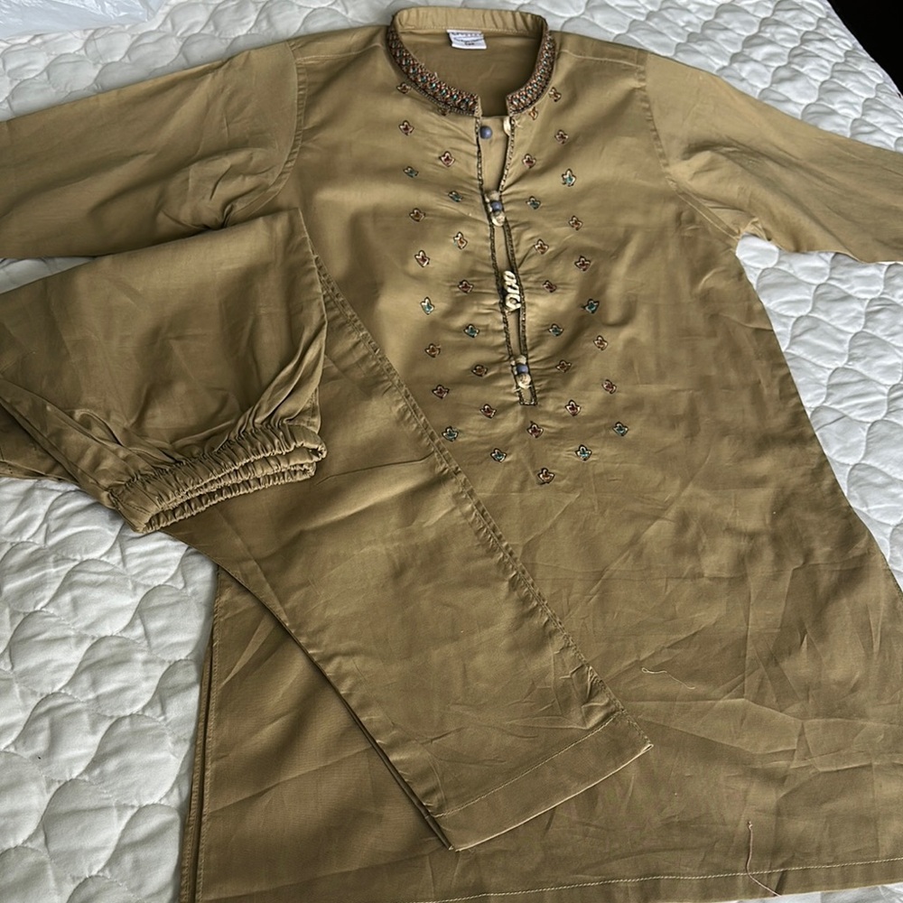 Boys Pakistani Embroidered Beige Kurta Pajama
